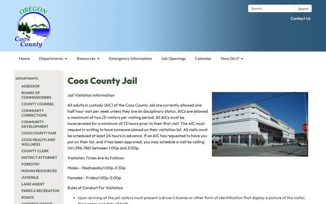 Coos County Jail facility page and inmate roster access