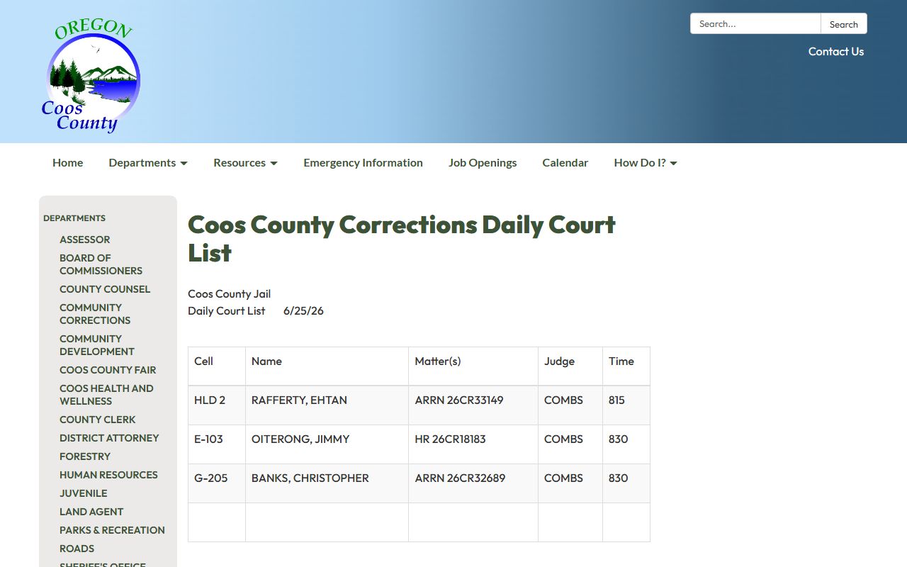 Coos County jail daily court list for court records after arrest