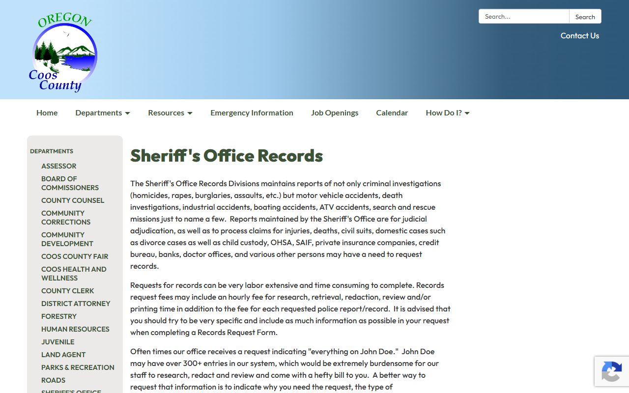 Coos County sheriff records request form for jail inmate records